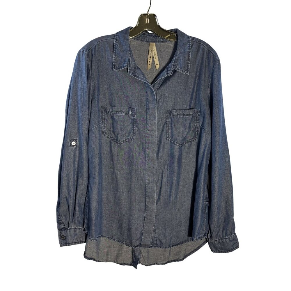 Liverpool Womens Button-Up Denim Shirt With Double Chest Pockets & Button Accent - Picture 1 of 7